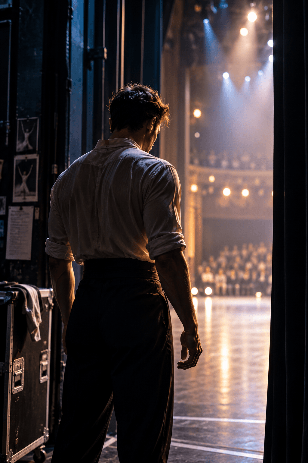 A performer standing in the wings, looking toward the lit stage.