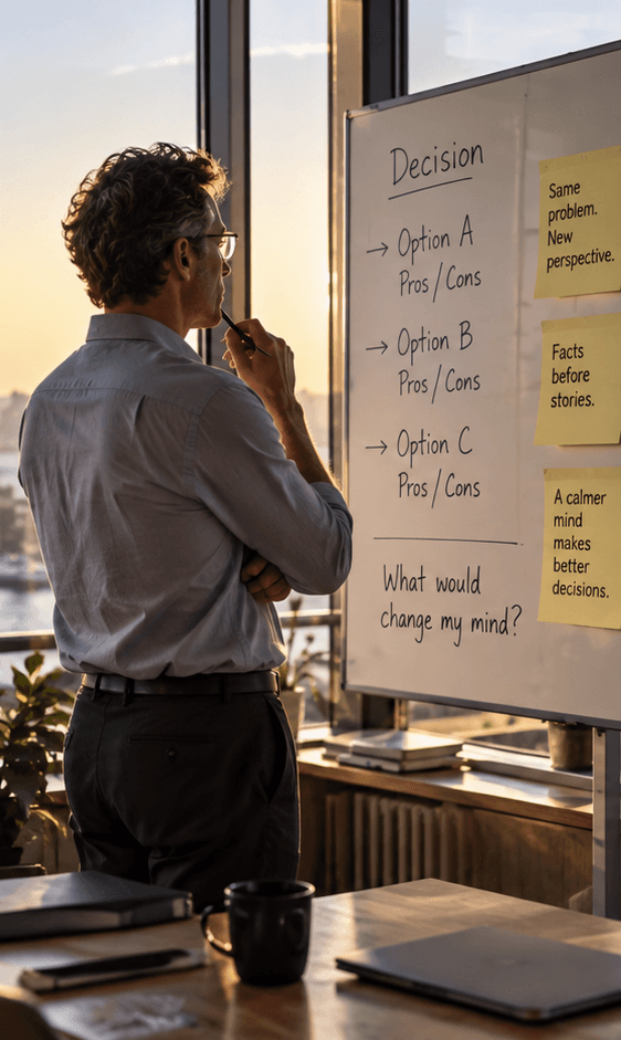Decision-maker considering alternatives and evidence at a whiteboard.