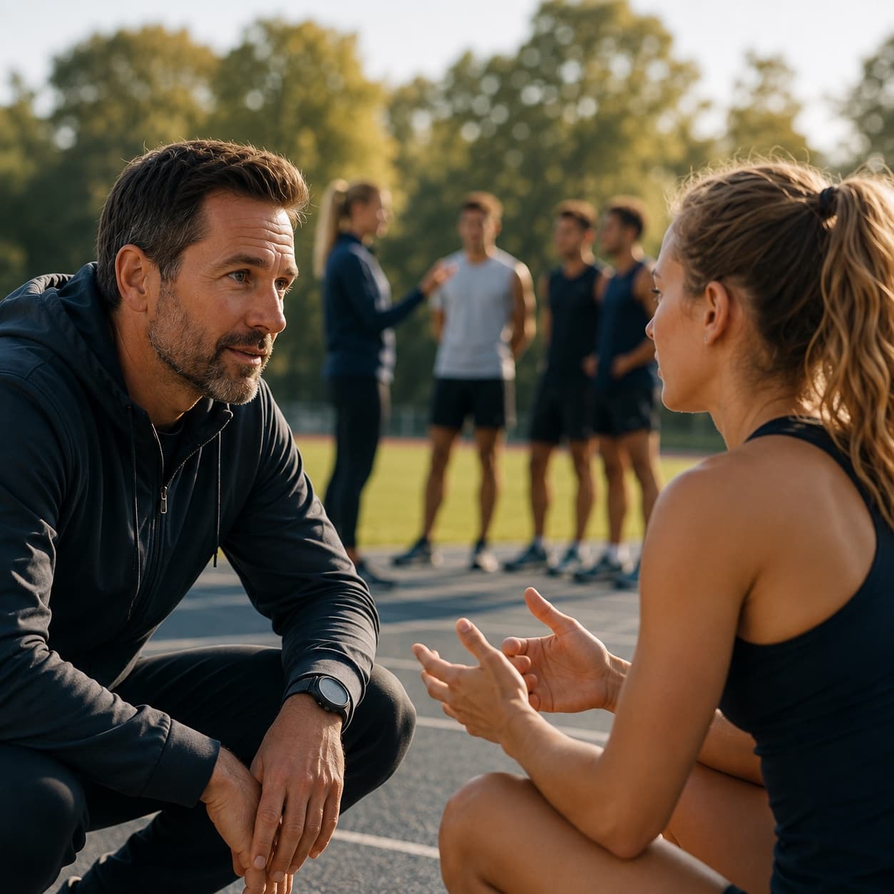 A coach in the situation before action, with attention on the people in front of them