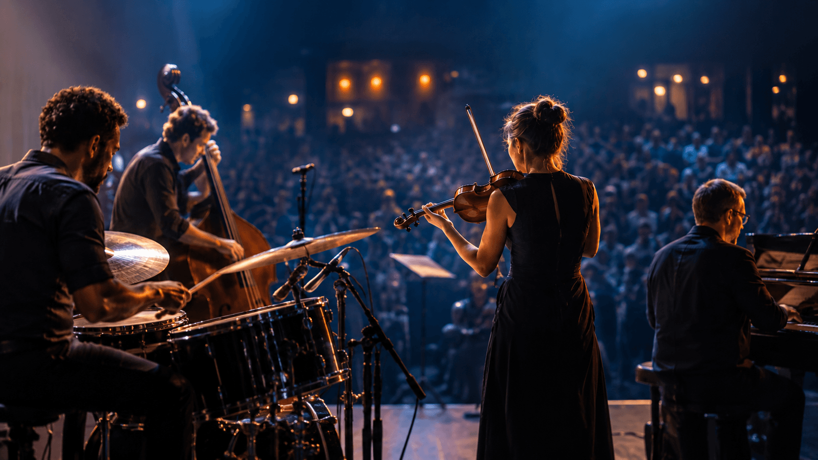 Musicians performing together on stage in front of an audience.