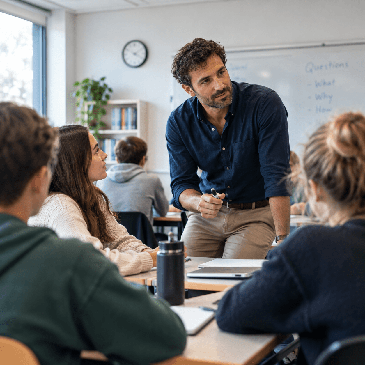 A teacher working with students in a classroom